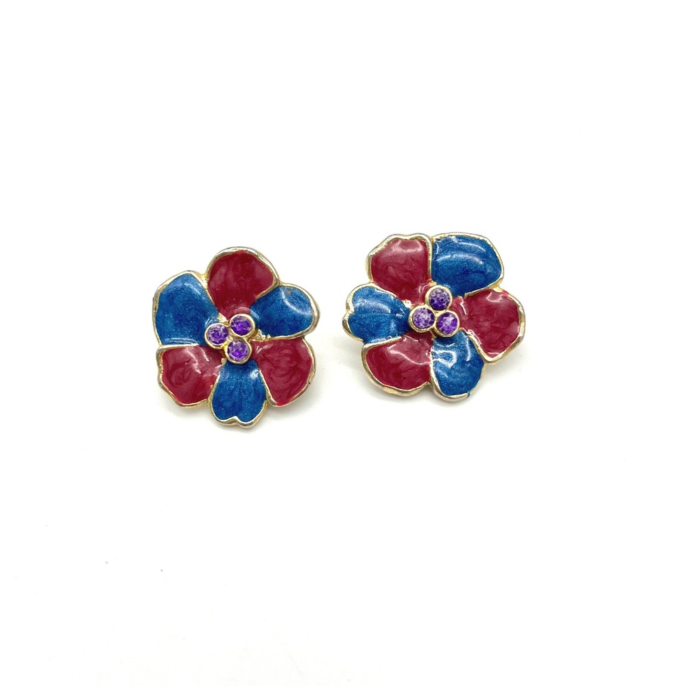 Vintage Flower Clip On Earrings‎ Red Blue Gold Tone Floral Jewelry